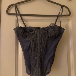 Out From Under Lace Corset Top Gray Mesh Boned Bustier M